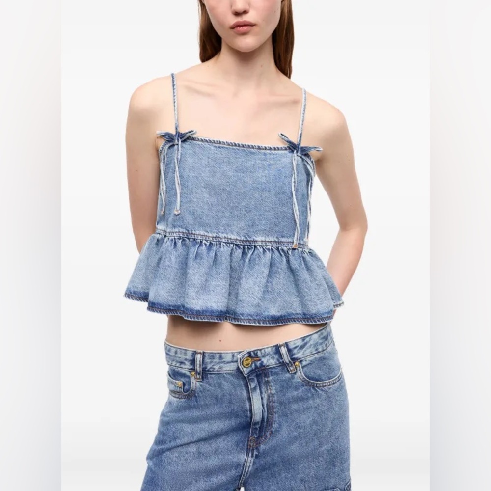GANNI Logo Denim Strap Top Ruffle Hem Blue EU 36 Small